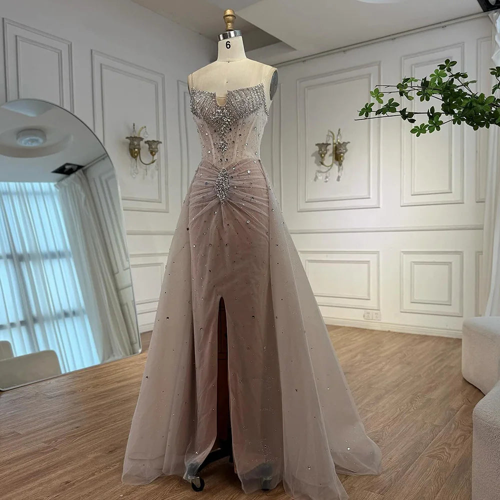 Luxury White Nude Beaded Evening Dress with Overskirt LA73107 - SERENE HILL