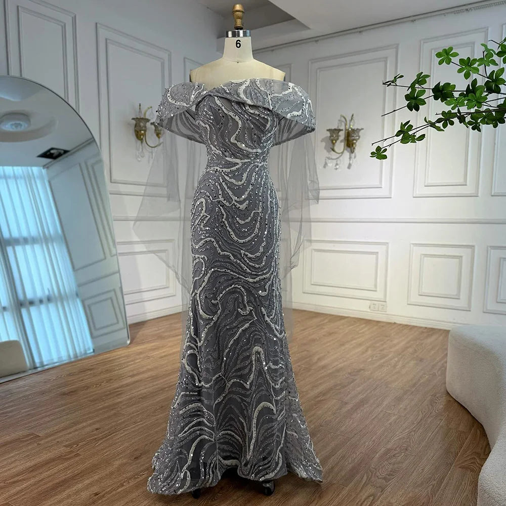 Luxury Gray Sequin Evening Dress with Cape Sleeves LA73125B - SERENE HILL