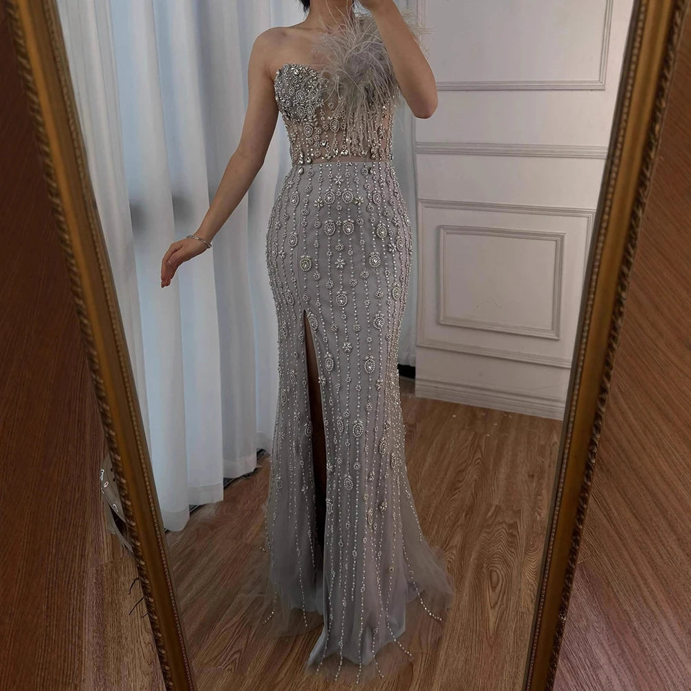 Luxury Gray One Shoulder Mermaid Beaded Feather Evening Dress LA72347 - SERENE HILL