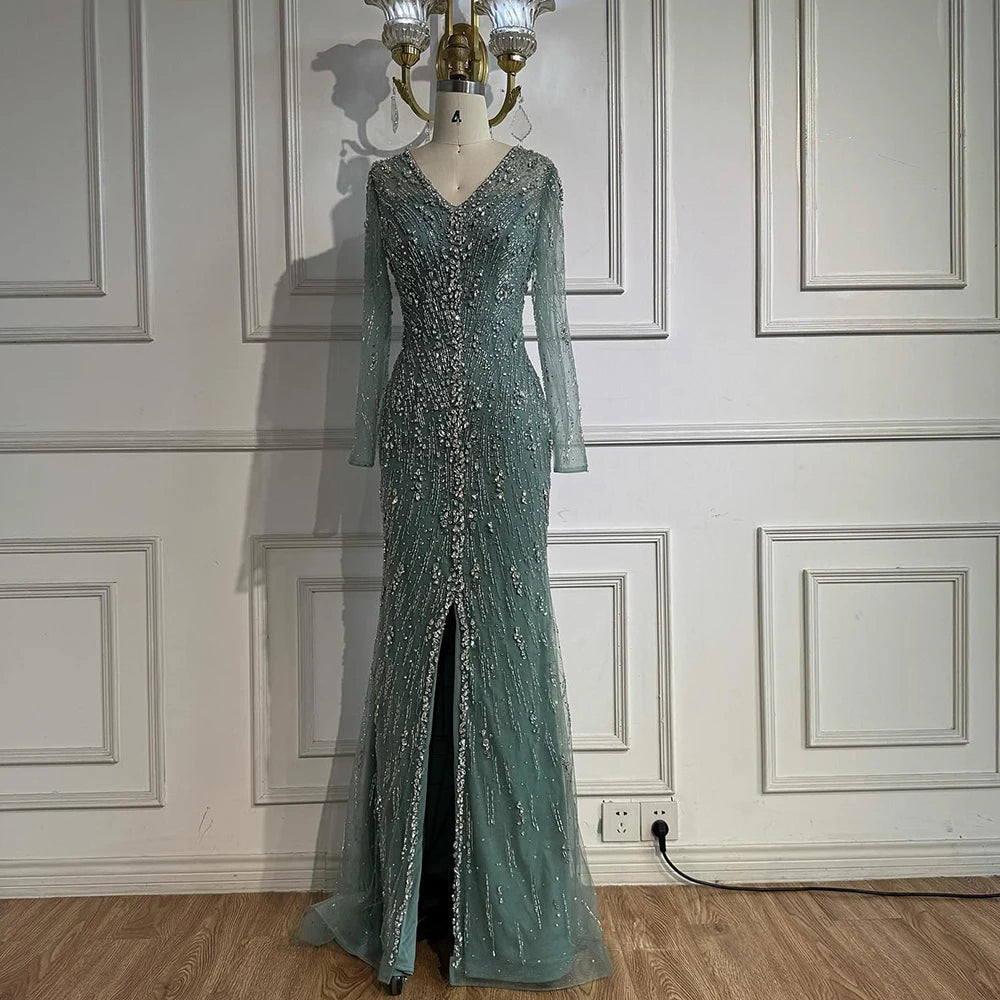 Luxury Turquoise Crystal Beaded Evening Dress Elegant Slit Gown LA73179 - SERENE HILL