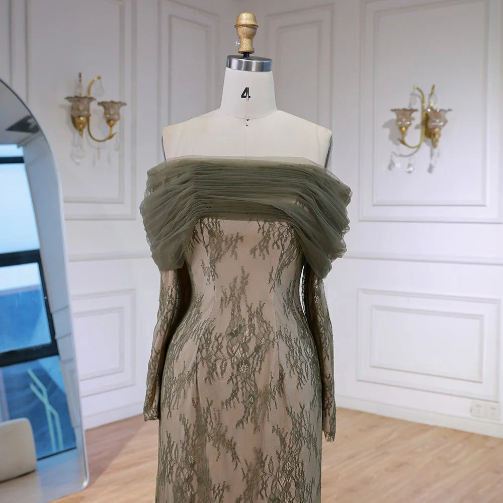 Elegant Olive Green Evening Dress with Lace Sleeves LA72942 - SERENE HILL