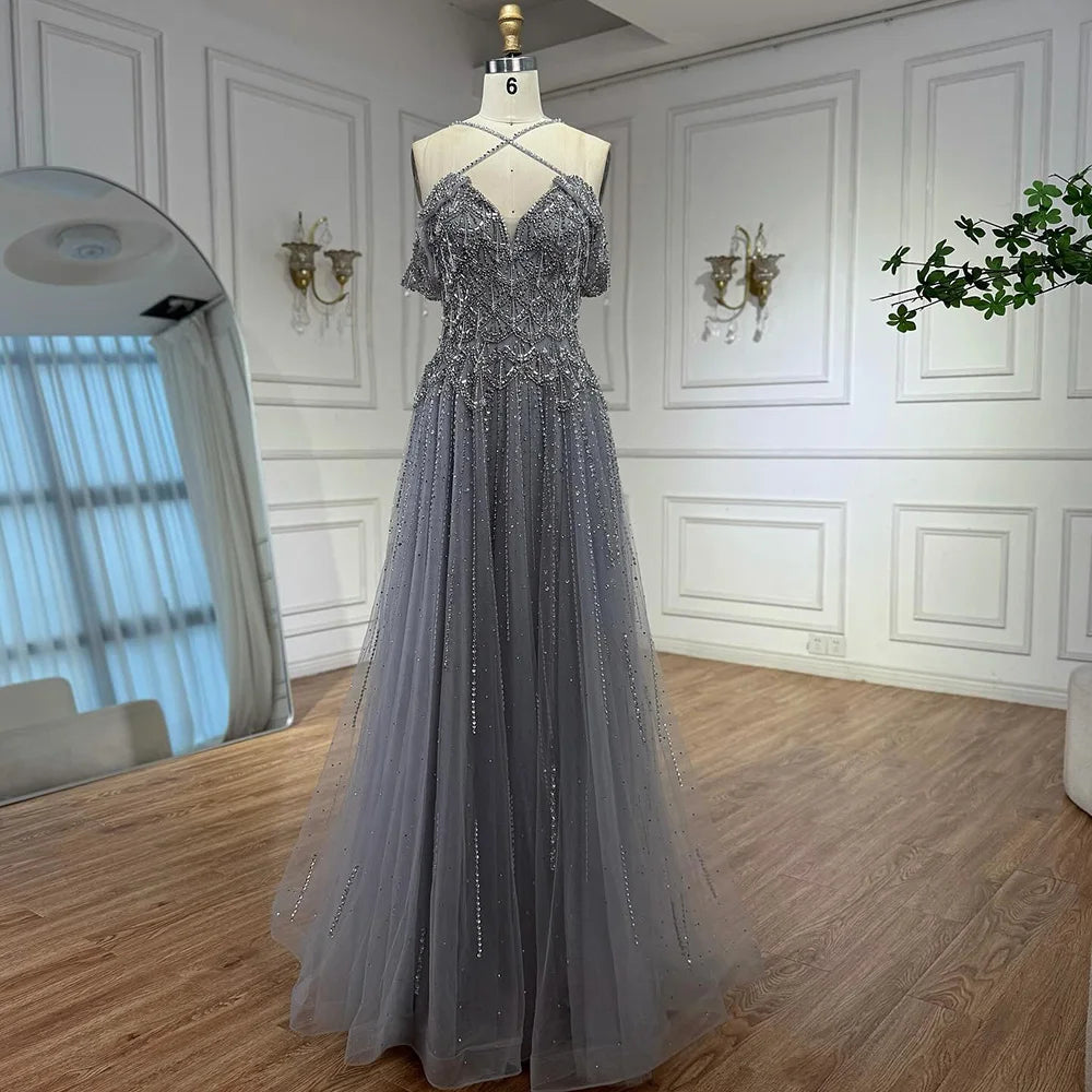 Luxury Arabic Caramel Off Shoulder Beaded A Line Evening Dress LA71606 - SERENE HILL