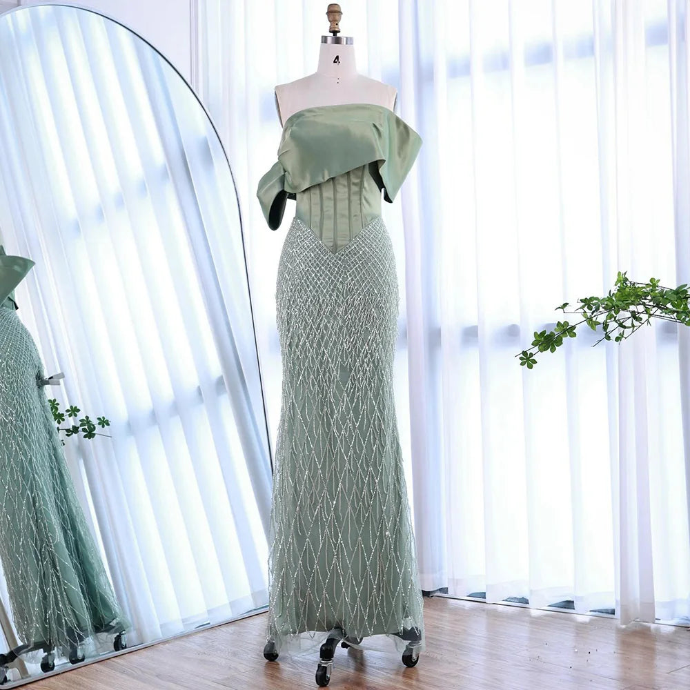 Sage Green Off Shoulder Tassel Beaded Mermaid Evening Dress LA73037 - SERENE HILL