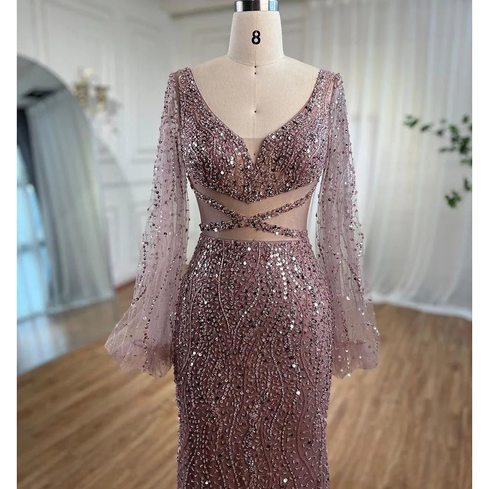 Serene Hill Sexy Mint Mermaid Elegant V-Neck Beaded Luxury Arabic Shiny Evening Dresses Gowns For Women Party 2025 LA71784 - SERENE HILL