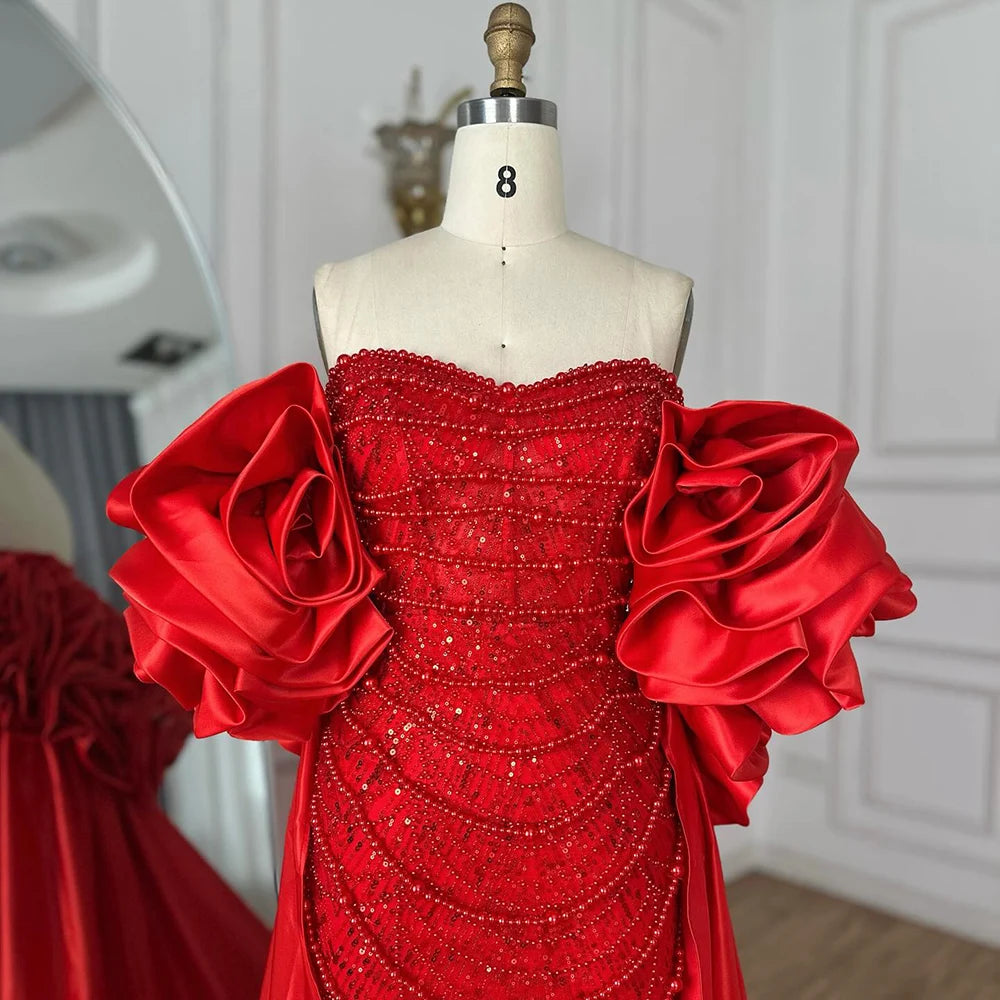 Red Long Cape Pearls Beaded Mermaid Evening Dress Gown LA72585A - SERENE HILL