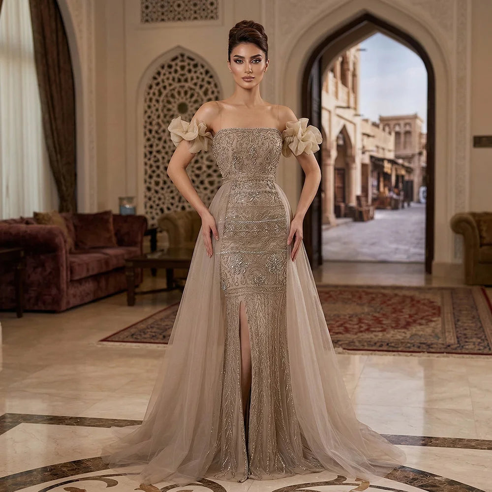 Caramel Beaded Evening Dress with Detachable Overskirt LA72603 - SERENE HILL