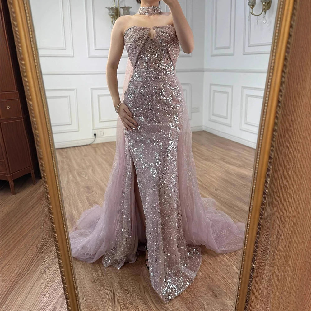 Luxury Gray Beaded Evening Dress with Long Cape LA73159 - SERENE HILL