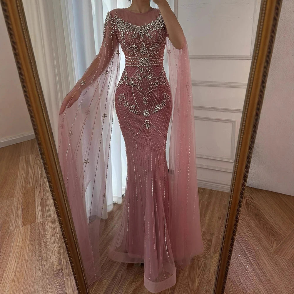 Luxury Pink Arabic Crystal Beaded Mermaid Evening Dress with Cape Sleeves LA73137 - SERENE HILL