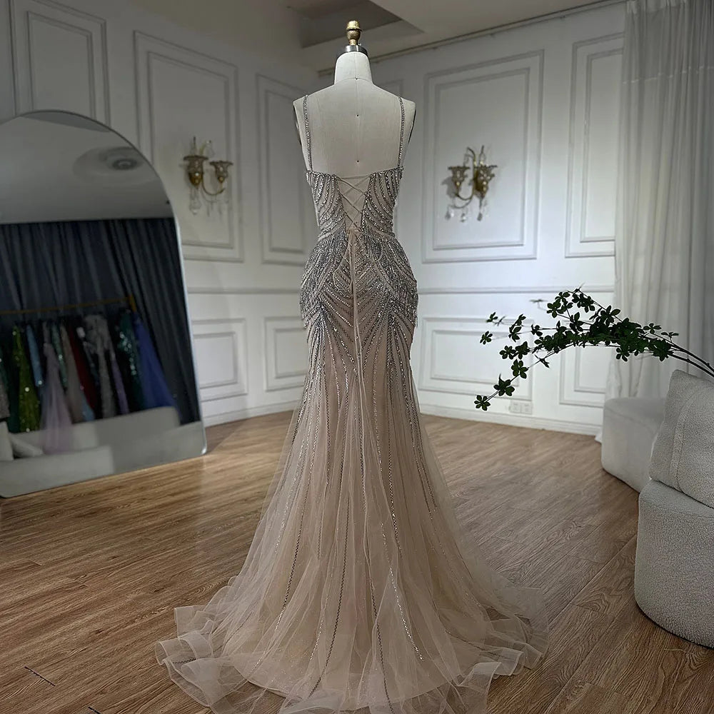 Luxury Nude Pink Crystal Tassel Mermaid Evening Dress LA72772 - SERENE HILL