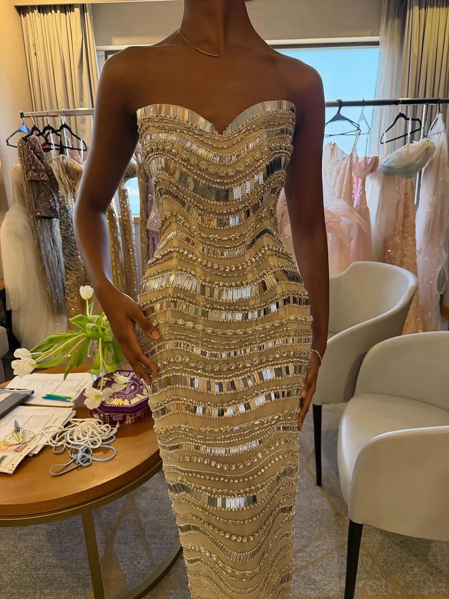 Luxury Silver Nude Beaded Mermaid Evening Dress LA73449 - SERENE HILL