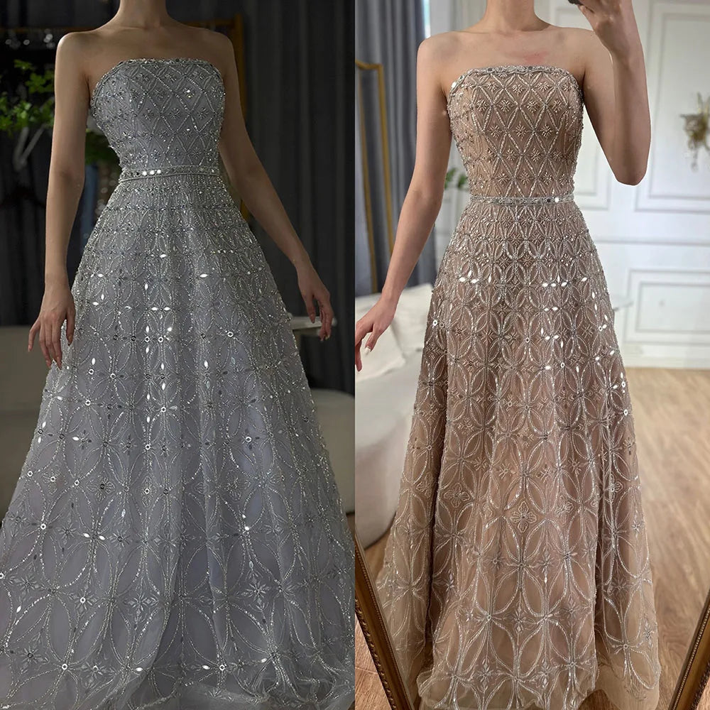 Luxury Dubai Arabic Gray A Line Elegant Beaded Long Evening Dresses Gowns for Formal Occasion LA72755 - SERENE HILL