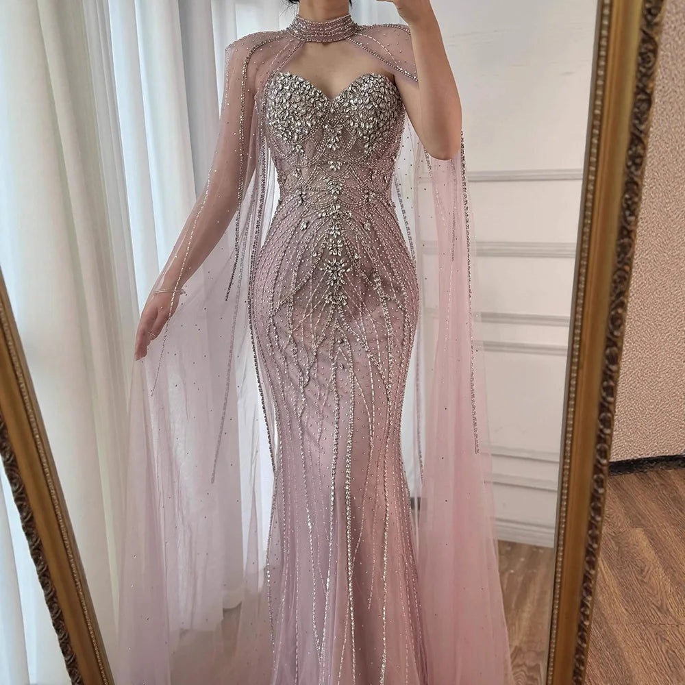 Luxury Turquoise Beaded Cape Sleeve Saudi Arabic Evening Dress LA73136A - SERENE HILL