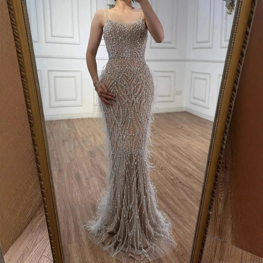 Luxury White Nude Spaghetti Strap Feathers Beaded Mermaid Dress LA72823 - SERENE HILL