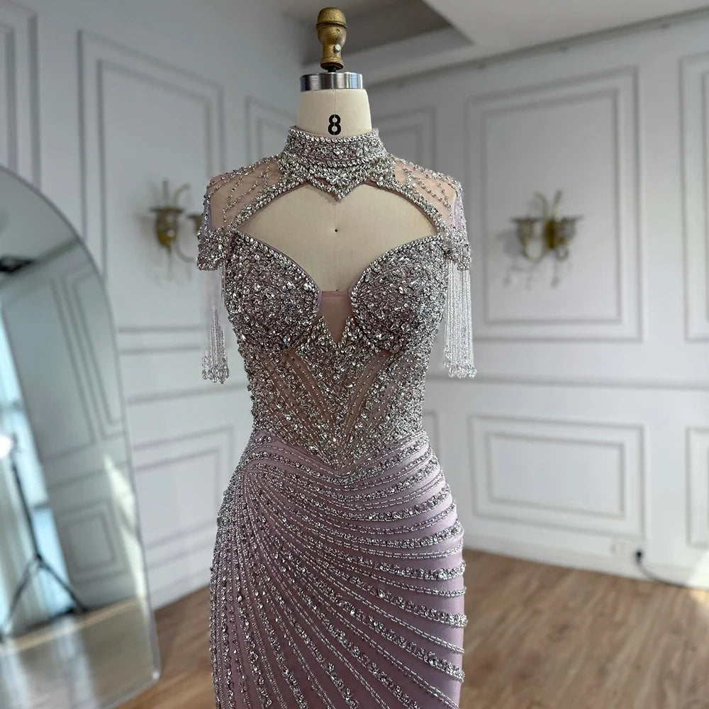 Luxury Pink Beaded Tassel Mermaid Evening Dress Long Gown LA73184 - SERENE HILL