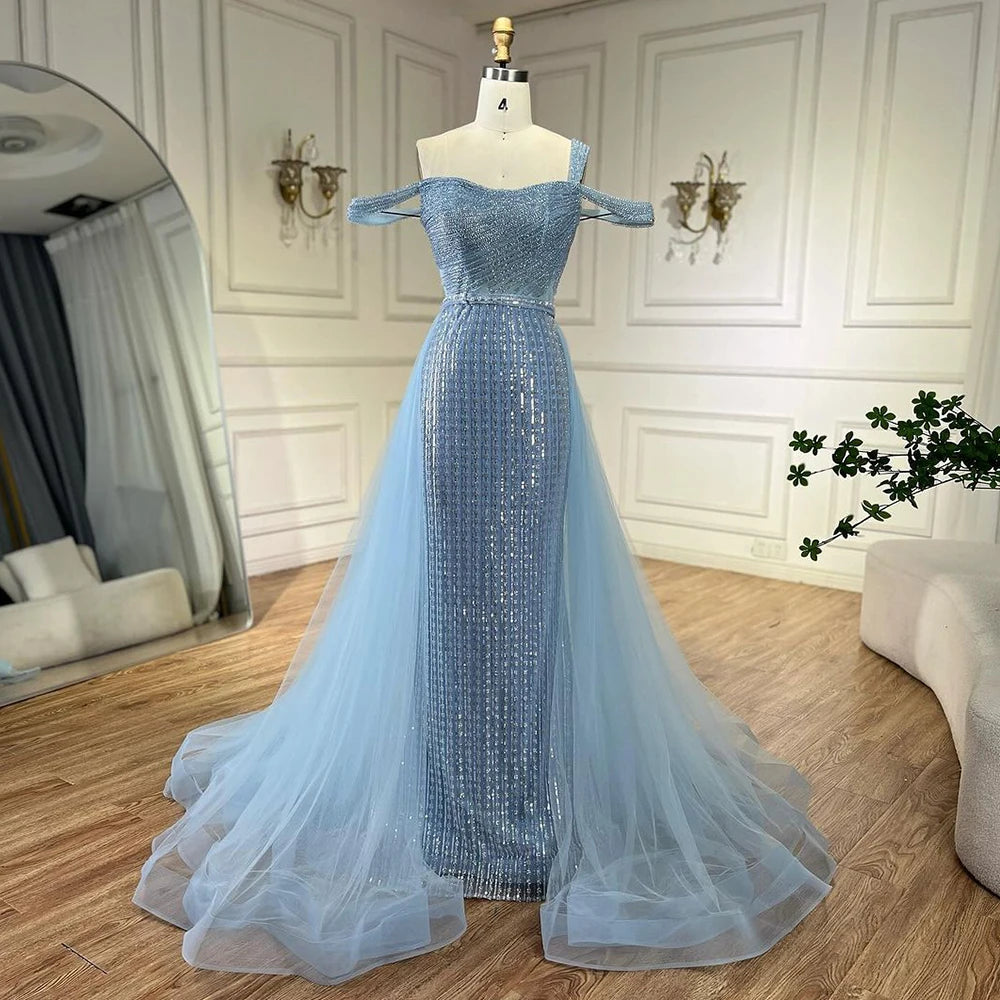 Serene Hill Gold Mermaid Elegant One Shoulder Overskirt Beaded Luxury Evening Dresses Gowns 2025 For Women Wedding Party LA72453 - SERENE HILL