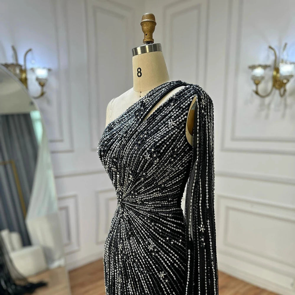 Luxury Black One Shoulder Mermaid Evening Dress with High Slit LA72829 - SERENE HILL
