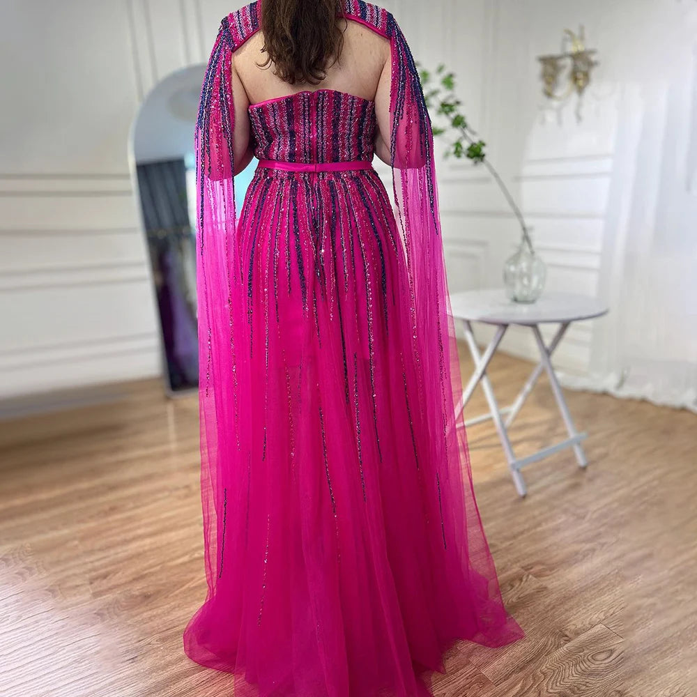 Luxury Dubai Fuchsia Evening Dress with Cape Sleeves LA71912 - SERENE HILL