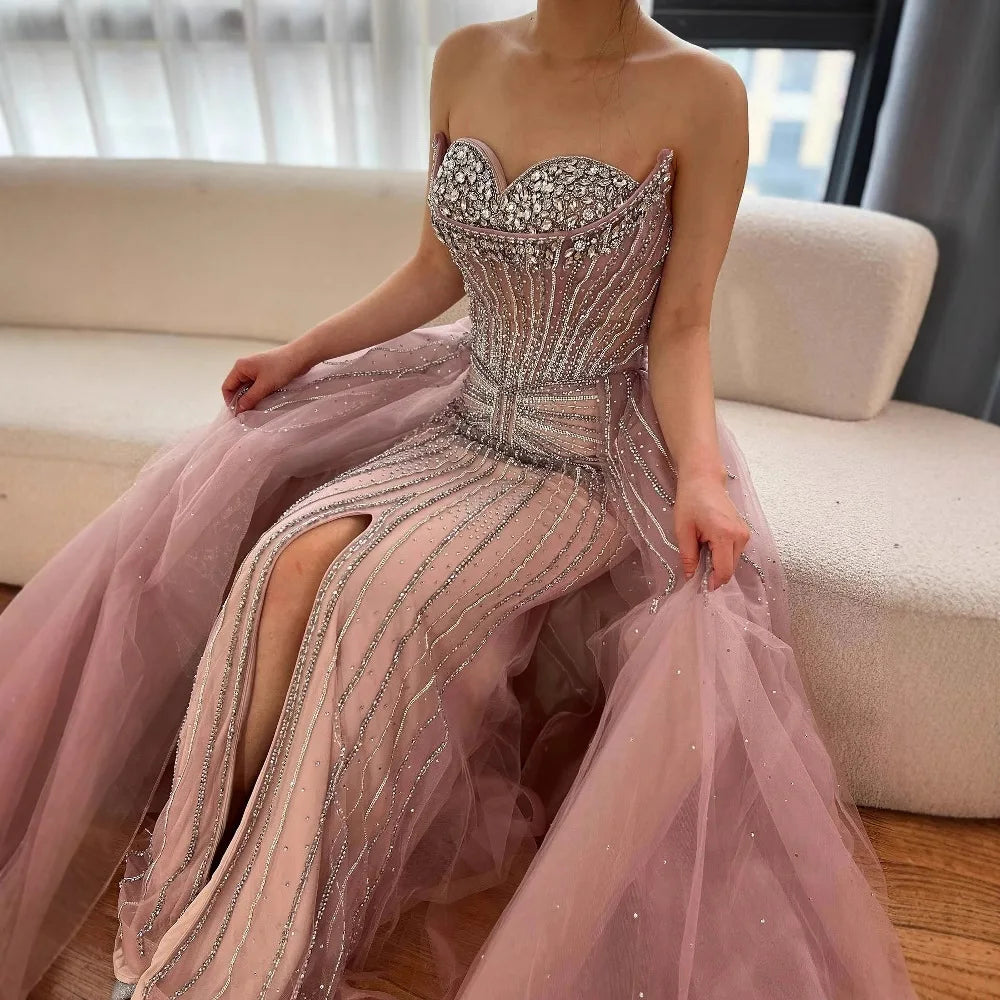 Luxury Dubai Nude Beaded Mermaid Evening Dress with Overskirt LA72811 - SERENE HILL