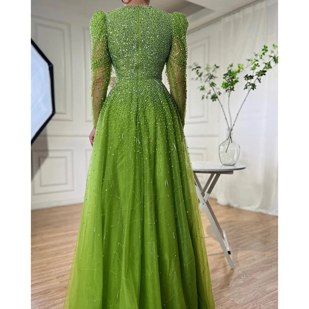 Green Mermaid Elegant With Skirt Sleeves Beaded Evening Dresses Gowns For Party LA71762 - SERENE HILL
