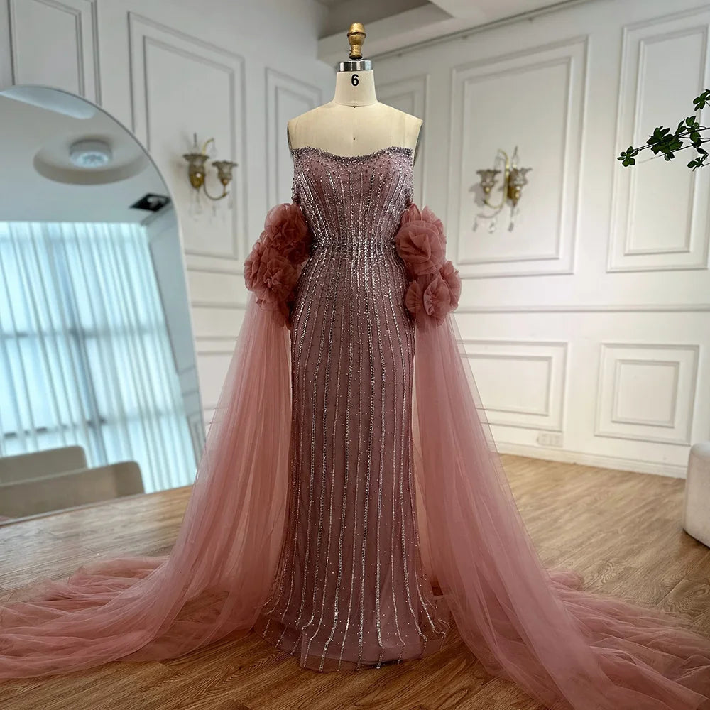 Luxury Pink Beaded Mermaid Arabic Evening Dress with Cape LA73019 - SERENE HILL