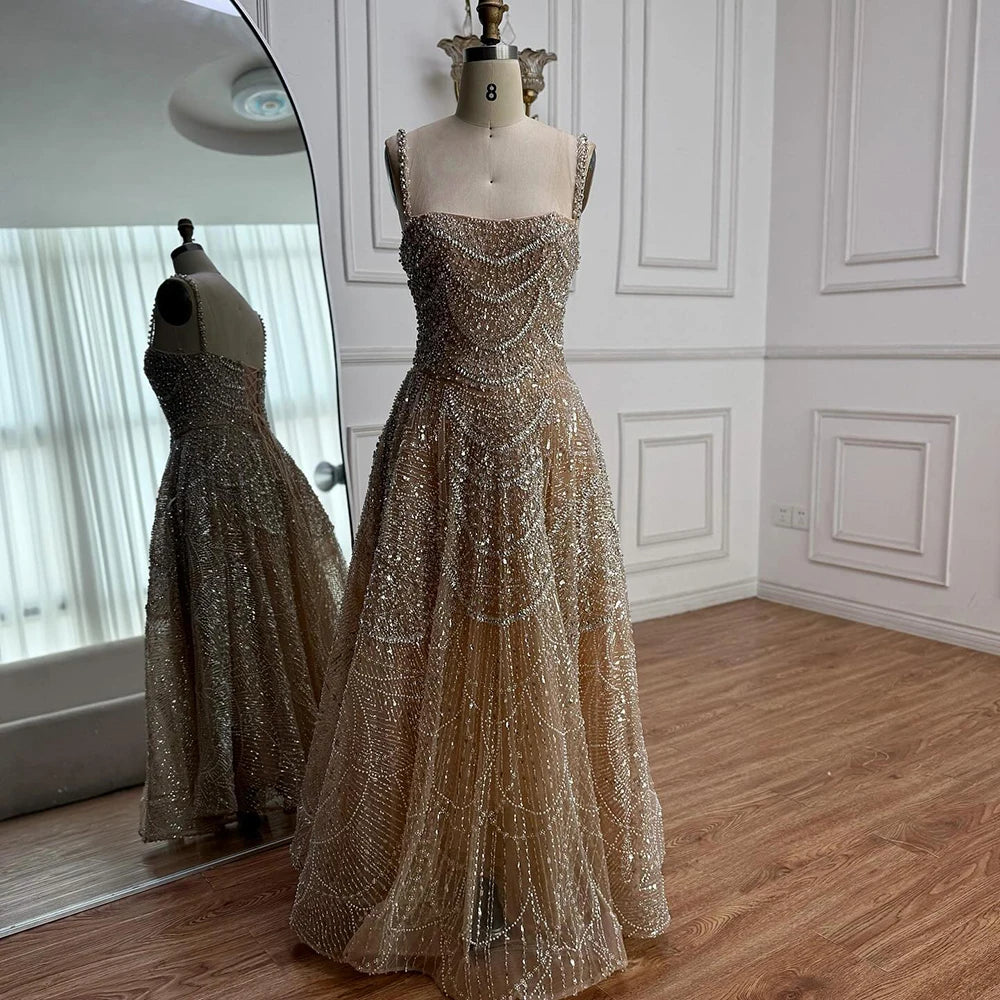 Luxury Nude A-Line Evening Dress with Pearls and Crystals LA72983A - SERENE HILL