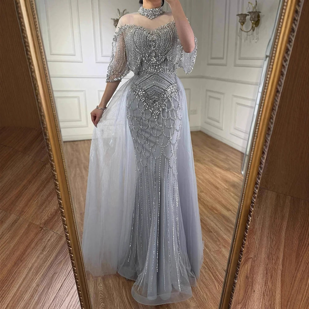 Luxury Gray Beaded Evening Dress with Overskirt LA73129 - SERENE HILL
