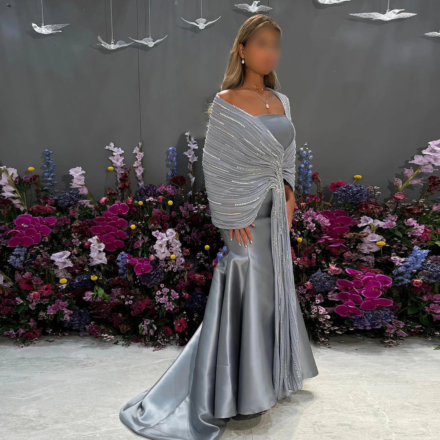 Luxury Dubai Grey Peach Arabic Evening Gown with Ruffles Shawl LA73270 - SERENE HILL