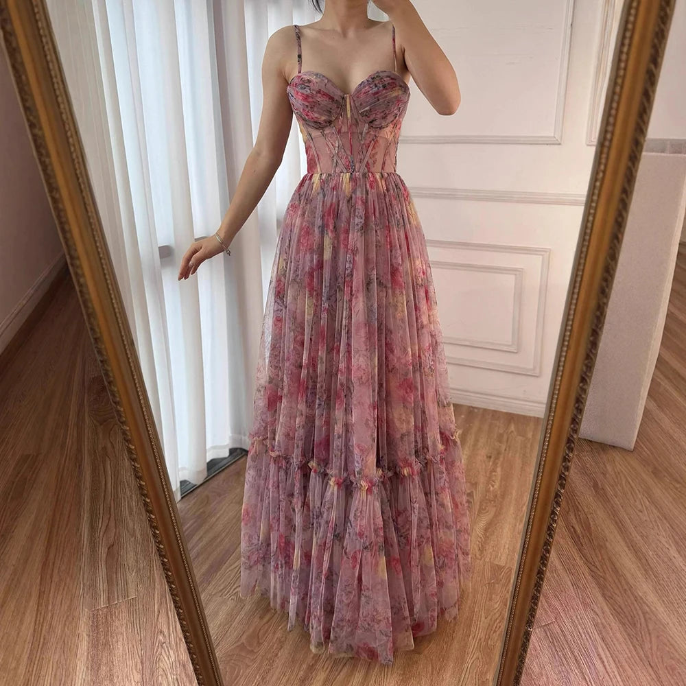 SERENE HILL Pink A-Line Tulle Printed Ruffle Tiered Prom Dress LA73149 - SERENE HILL