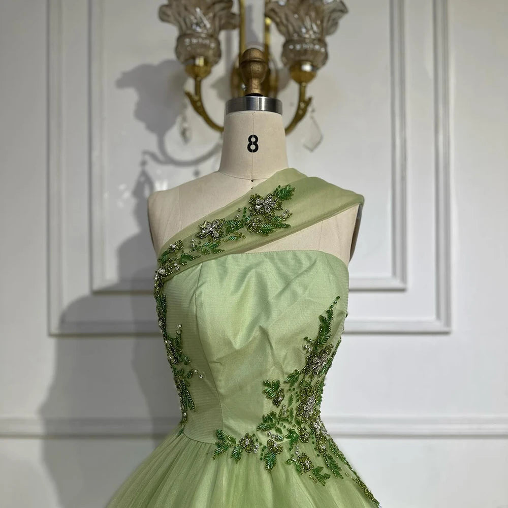 Luxury Dubai Sage Green Elegant One-Shoulder A-Line Appliques Long Arabic Evening Gown for Formal Occasion LA72783 - SERENE HILL