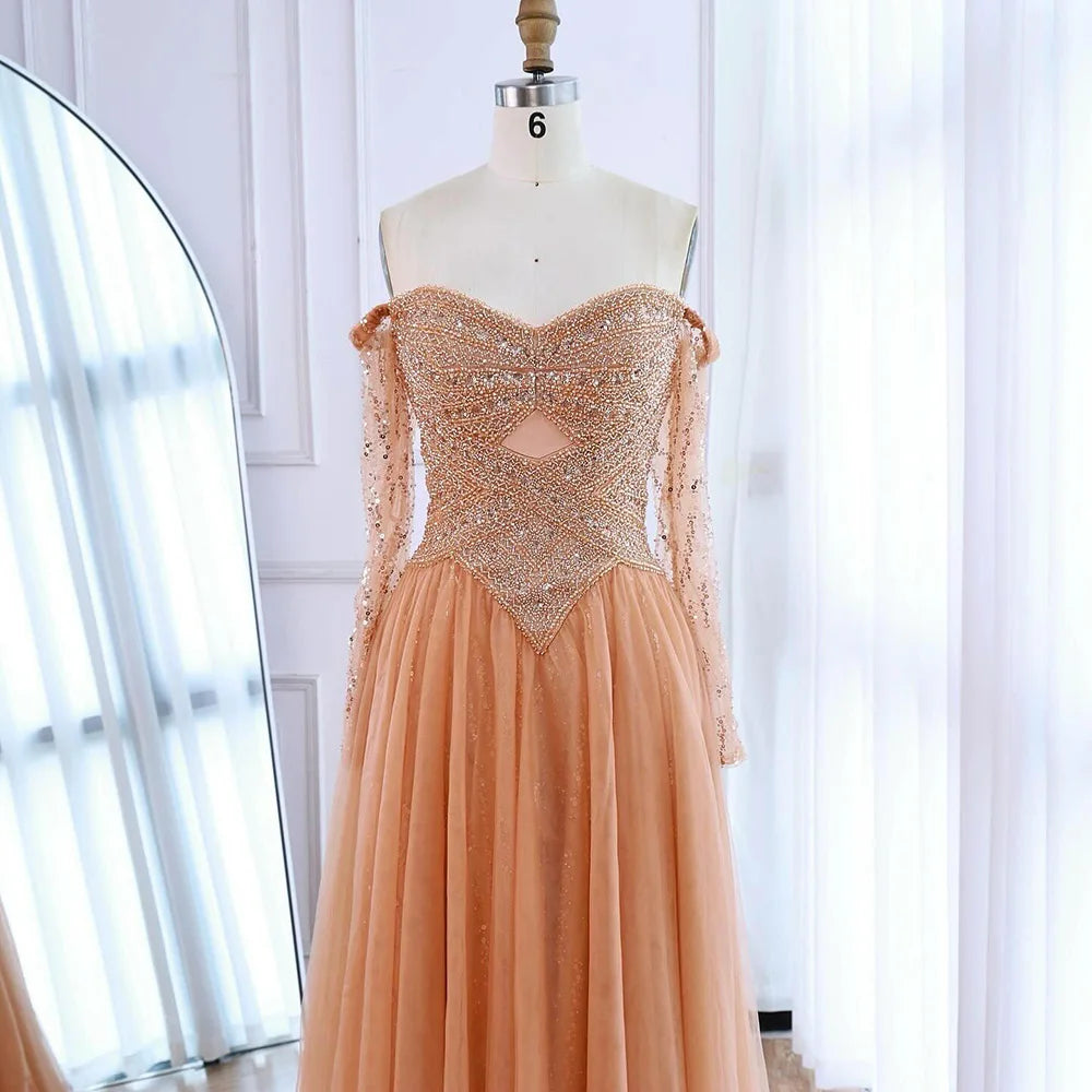 Luxury Nude Off Shoulder A-Line Beaded Evening Dress LA73038 - SERENE HILL
