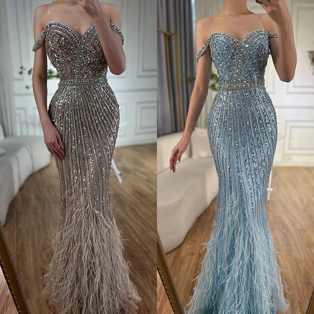 Luxury Dubai Caramel Spaghetti Strap Mermaid Gown Feathers Beaded Luxury Saudi Evening Dress for Formal Occasion LA72715 - SERENE HILL