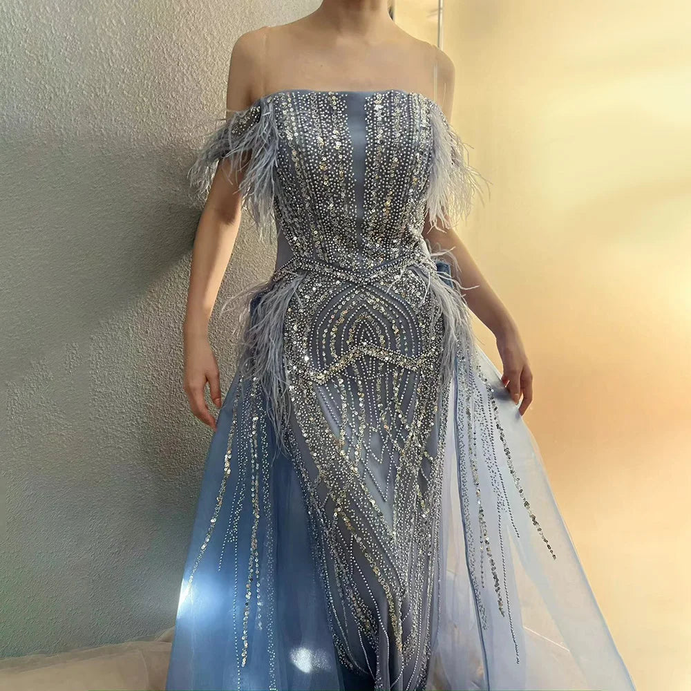 Luxury Dubai Blue Mermaid Gown Luxury Feathers Beaded Saudi Evening Dress with Overlay Skirt for Formal Occasion LA72727 - SERENE HILL