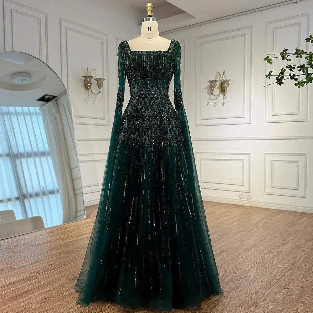 Luxury Green A-LineBeaded Evening Dress with Cape Sleeves LA73089 - SERENE HILL