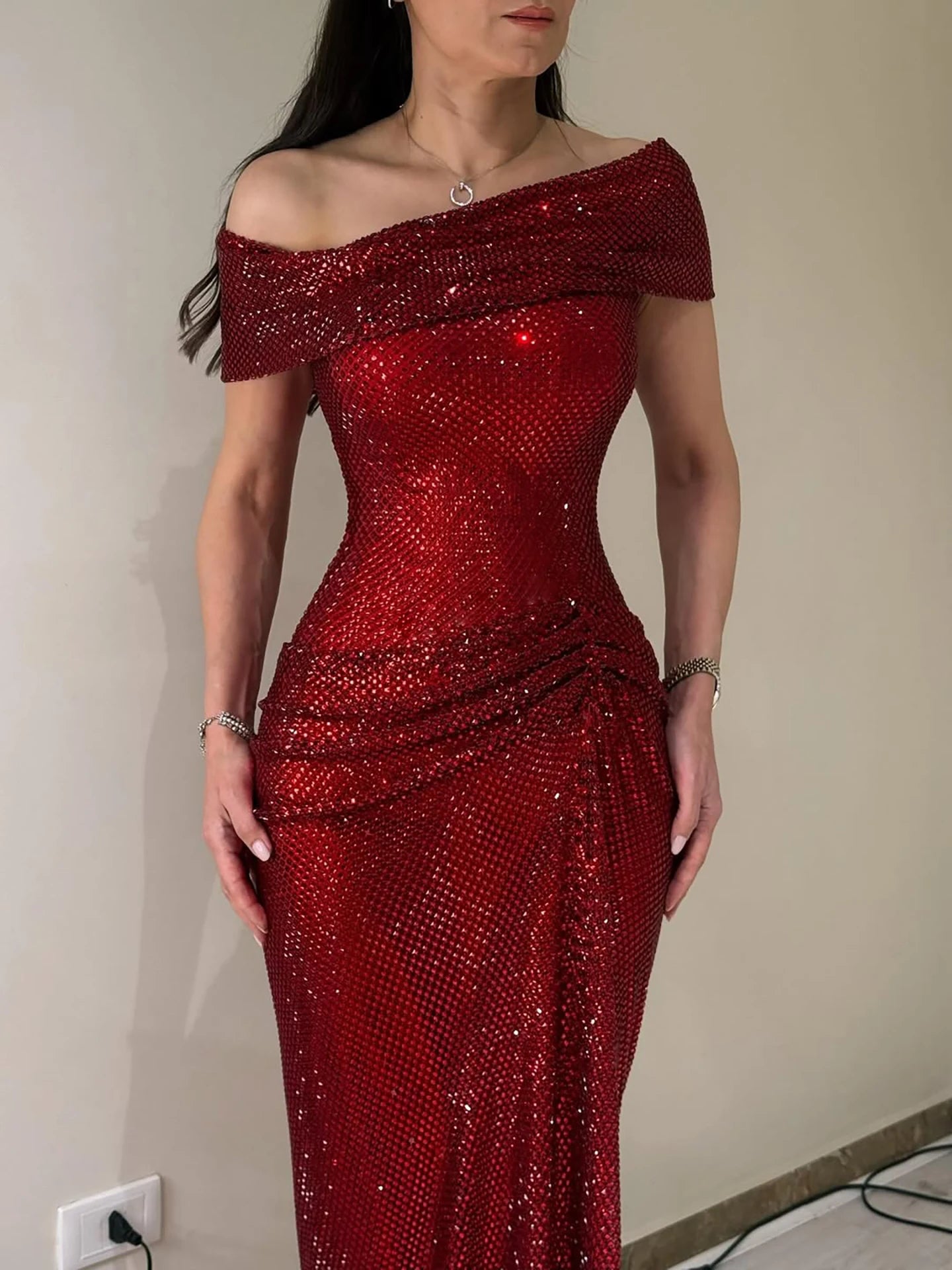 Red Beaded Mermaid Gown | Serene Hill Dubai LA73437 - SERENE HILL
