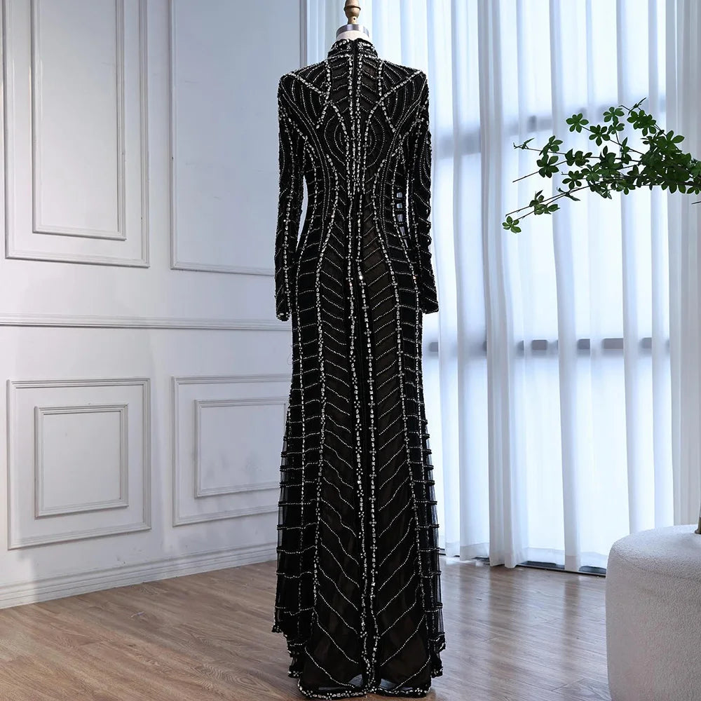 Muslim Luxury Black Beaded Saudi Arabic Mermaid Evening Dress LA72931 - SERENE HILL