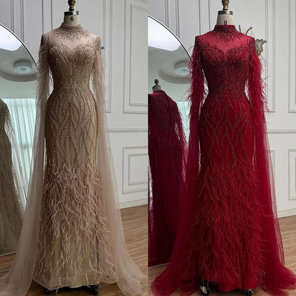Luxury Nude Feather Beaded High Neck Formal Evening Dress for Women LA71885C - SERENE HILL