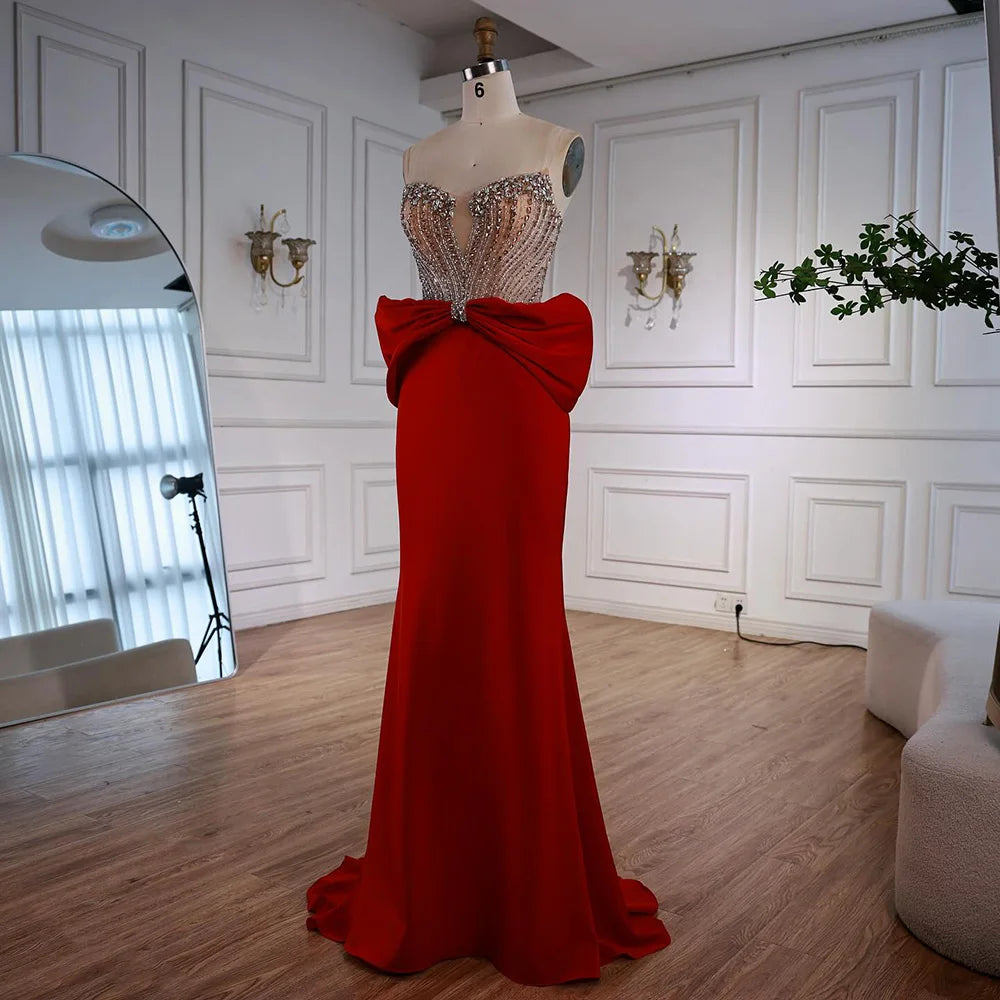 Designer Red Satin Evening Dress with Bow LA73060 - SERENE HILL