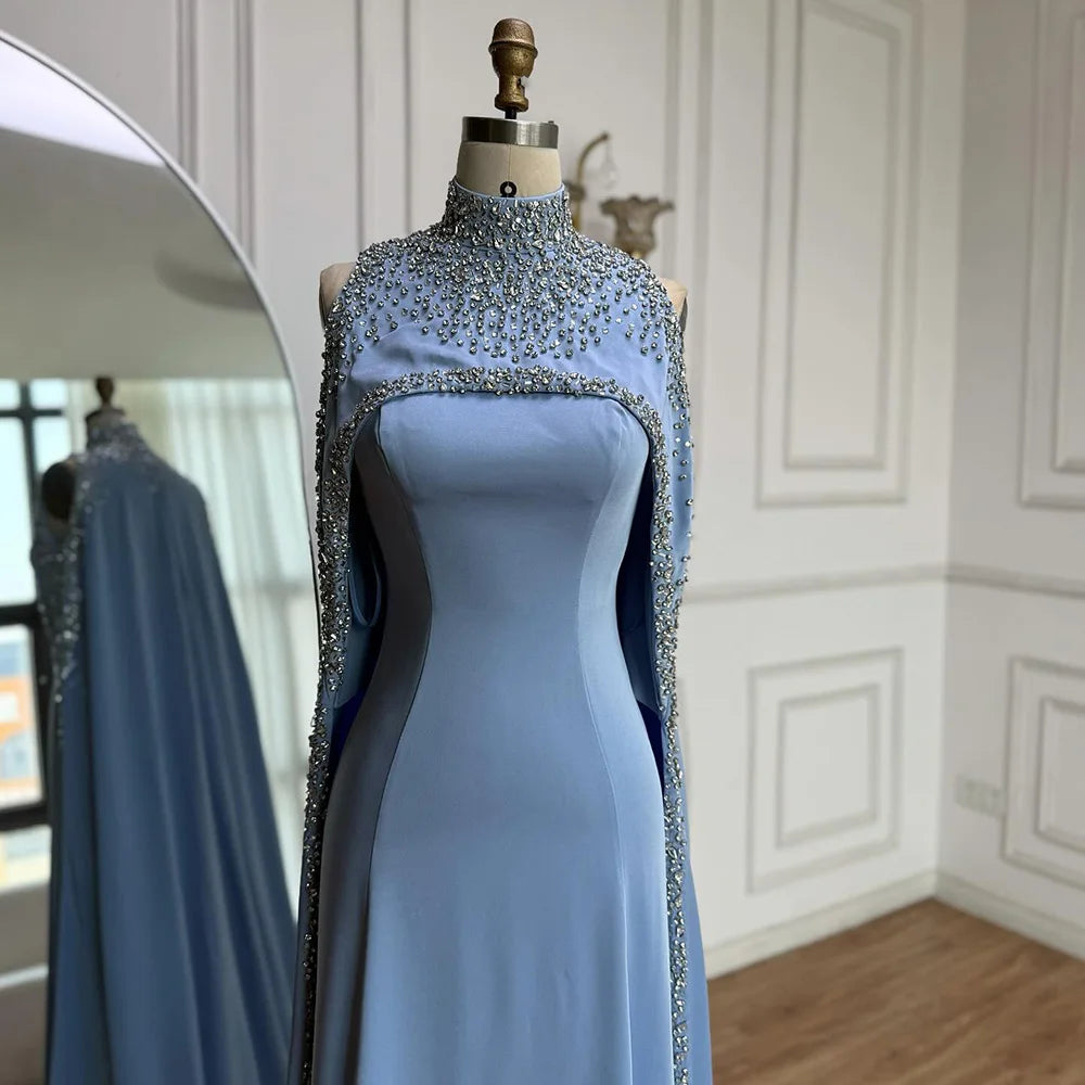 Elegant High Neck Evening Dress with Crystals and Long Cape LA73068 - SERENE HILL