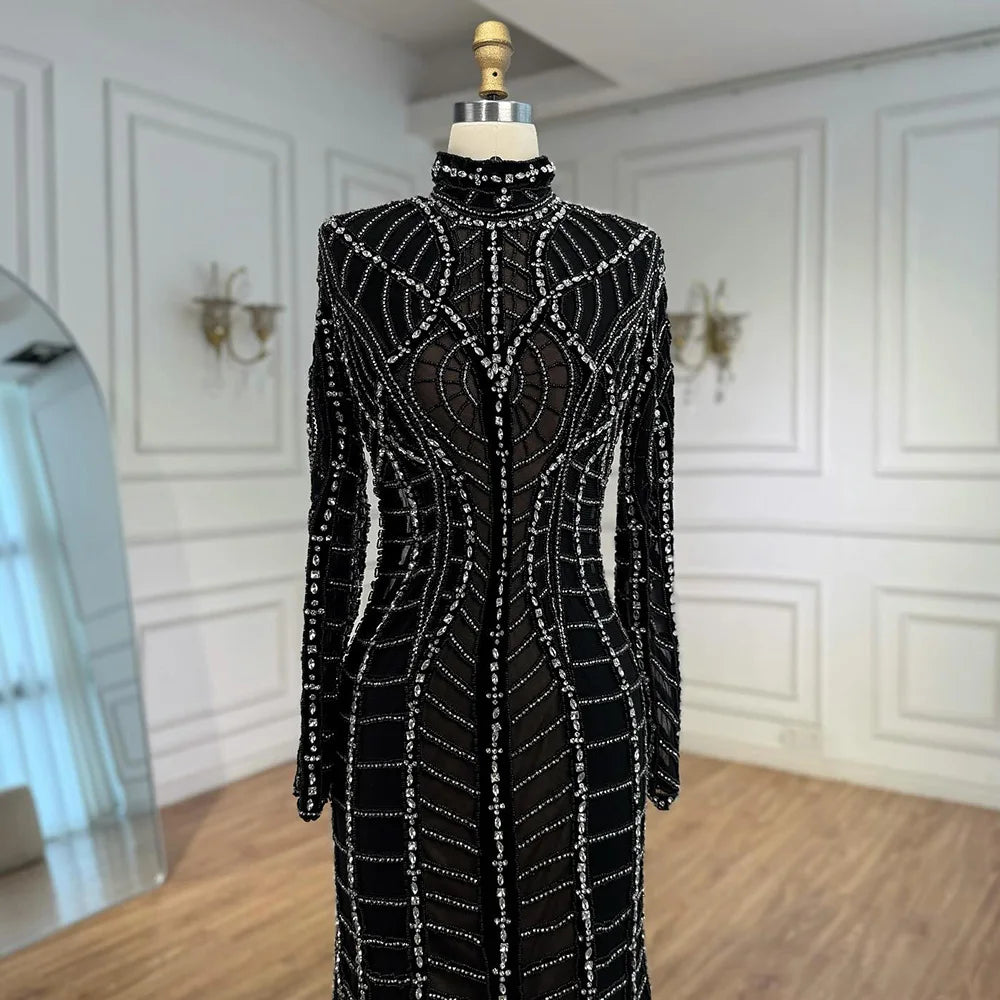 Muslim Luxury Black Beaded Saudi Arabic Mermaid Evening Dress LA72931 - SERENE HILL