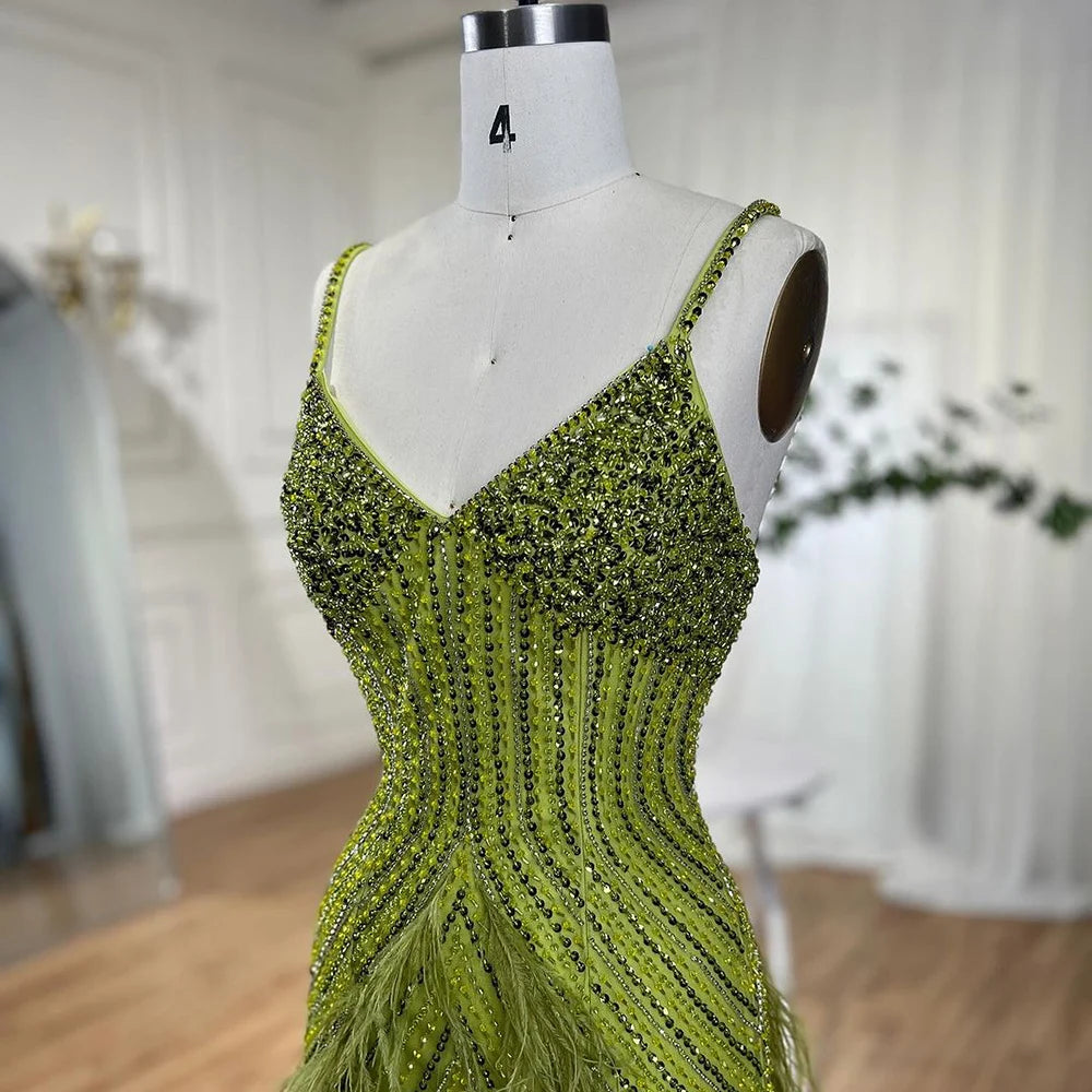 On Sale no return no refund Serene Hill Yellow Green Feathers Mermaid Sundress Evening Gowns Beaded Ankle Length Party Drsses 2025 For Women LA72055 - SERENE HILL
