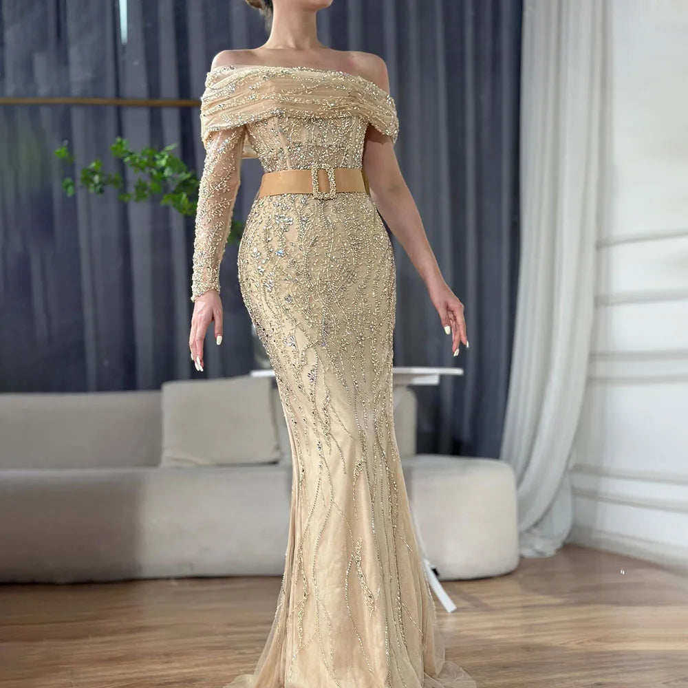 Serene Hill Arabic Nude Mermaid One Shoulder Beaded Luxury Dubai Evening Dresses Gowns For Women Wedding Party 2025 LA72161 - SERENE HILL
