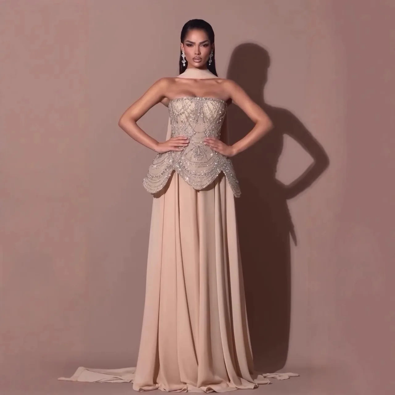 Luxury Designer Nude Beaded Chiffon Evening Dress LA72915 caramel / 16 Luxury Designer Nude Beaded Chiffon Evening Dress LA72915 caramel / 16