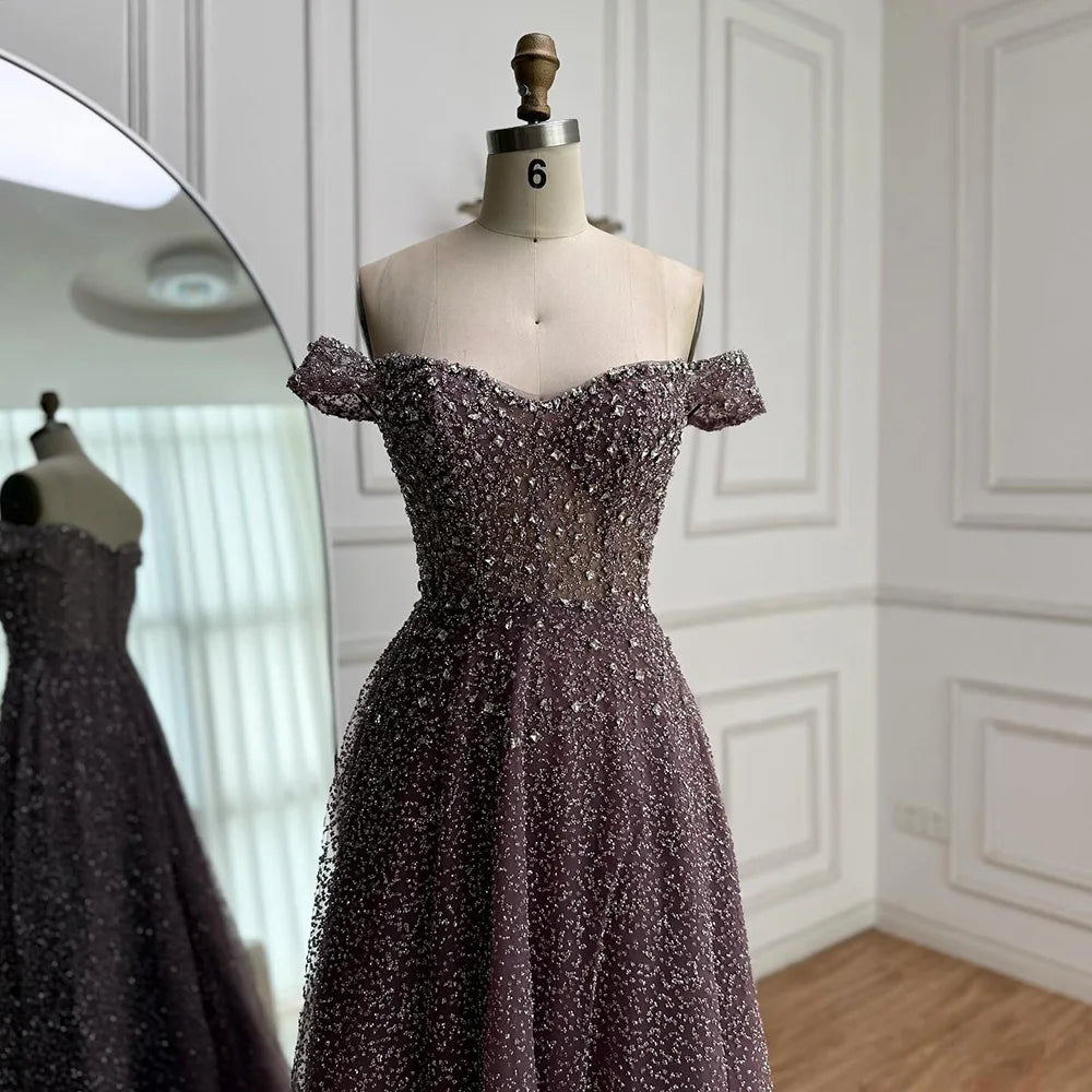Caramel Off Shoulder A-Line Arabic Evening Dress LA72147B - SERENE HILL