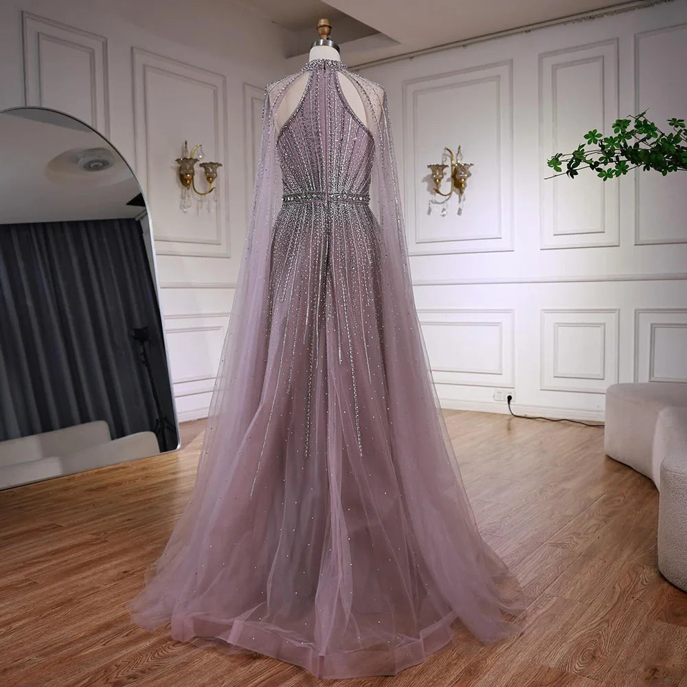 Luxury Beaded A-Line Evening Dress with Cape Sleeves LA73054 - SERENE HILL