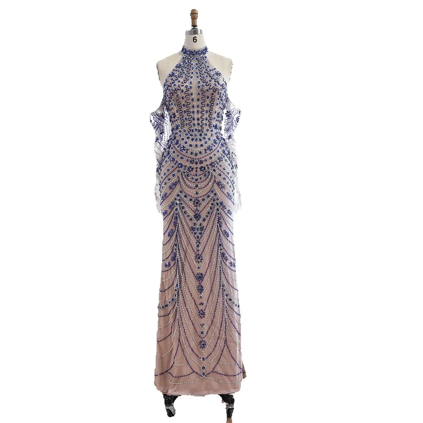 Luxury Kosovo Blue Evening Dress With Gloves LA72760C - SERENE HILL