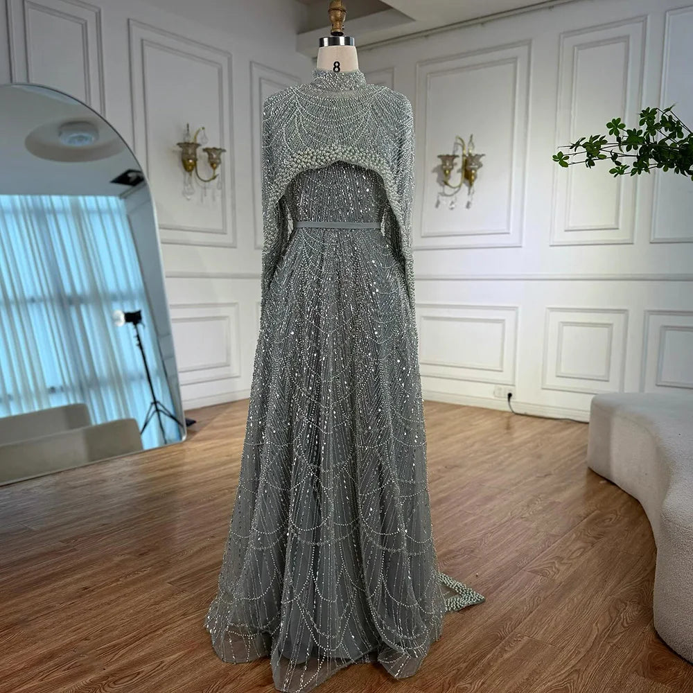 Luxury Modest Sage Green Evening Dress with Pearls LA72032B - SERENE HILL