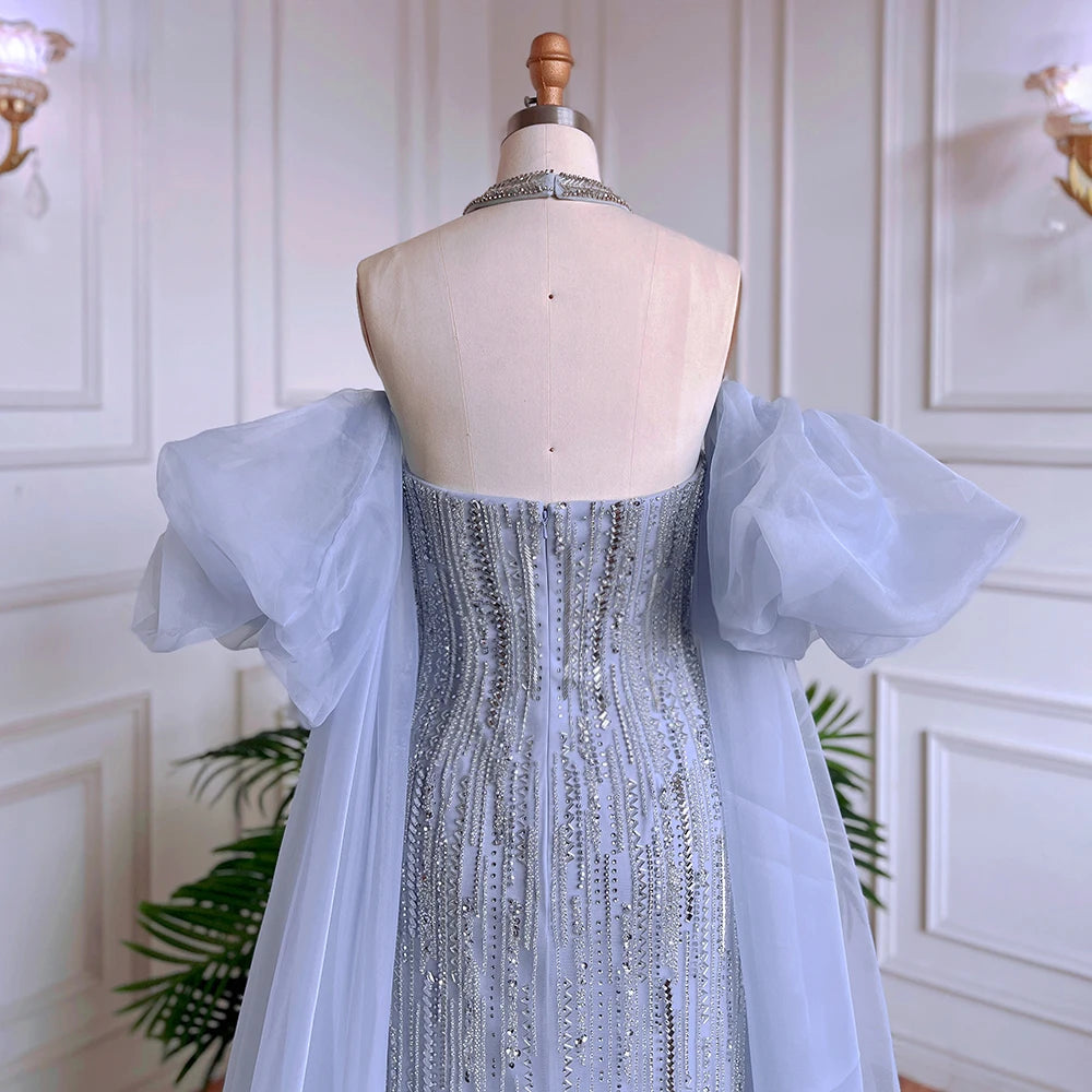 Luxury Dubai Arabic Blue Mermaid Balloon Sleeves Beaded Evening Dresses LA71823 - SERENE HILL