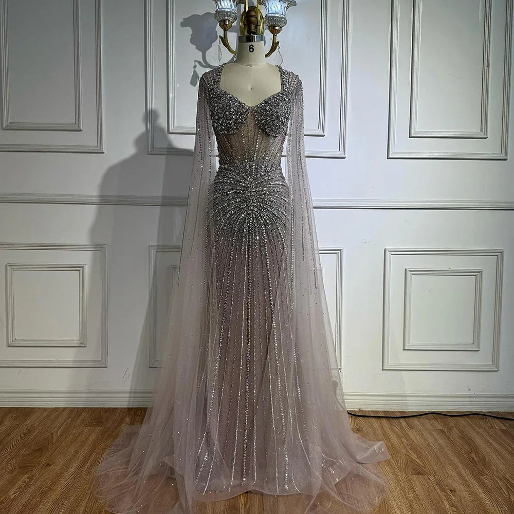 Luxury Nude Beaded Evening Dress with Cape Sleeves LA72575C - SERENE HILL