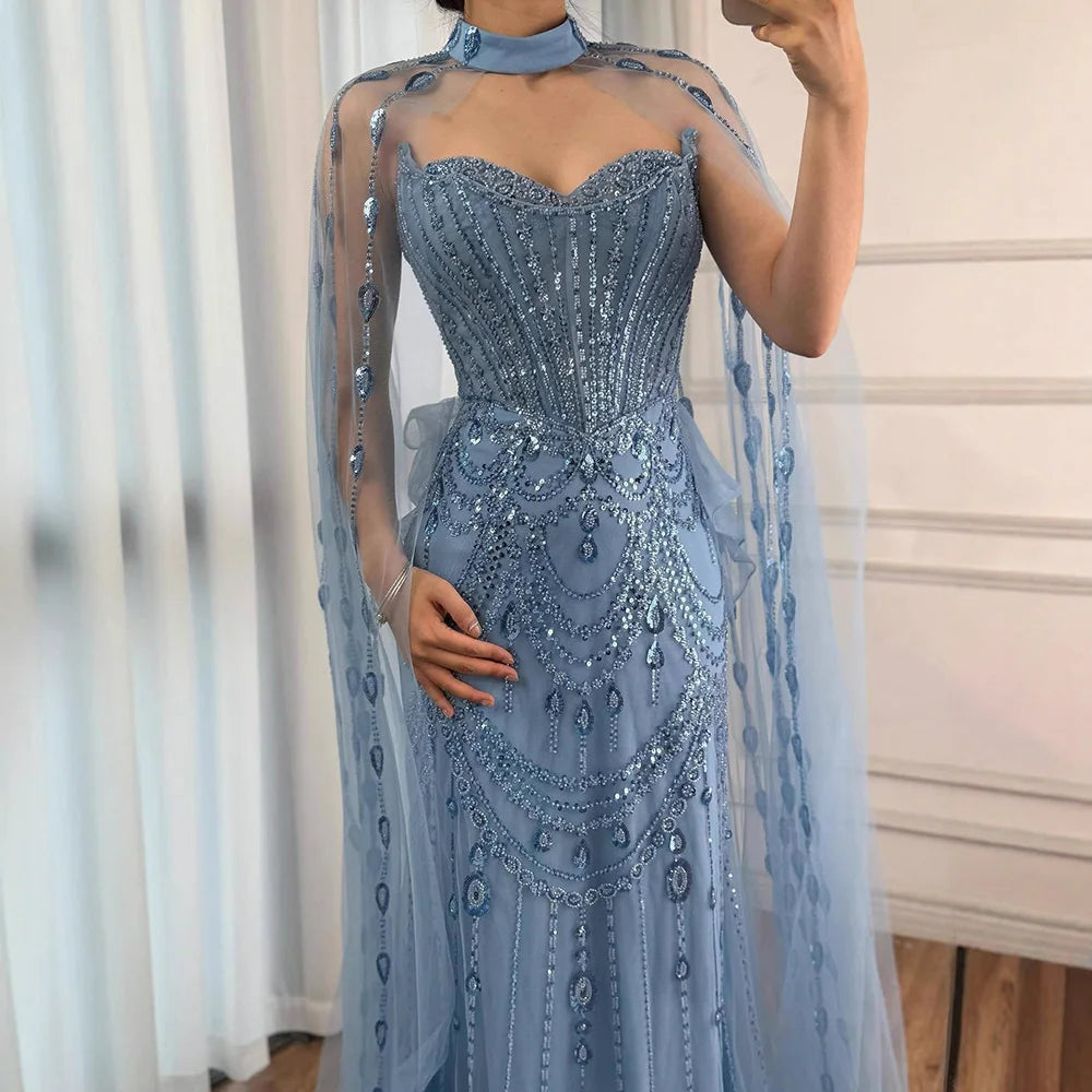 Luxury Blue Sequin Beaded Evening Dress with Cape Sleeves LA73108 - SERENE HILL