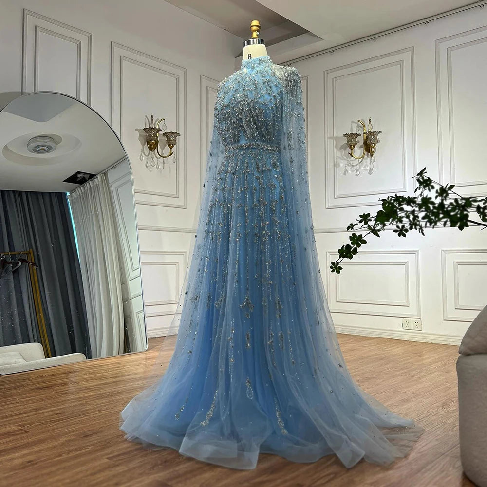 Luxury Blue Beaded A-Line Evening Gown with Cape Sleeves LA71803G - SERENE HILL